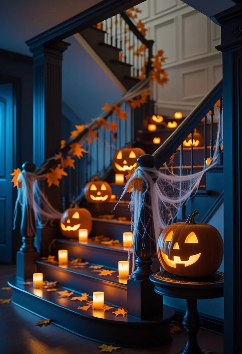 A staircase decorated with glowing Jack-o'-lanterns, cobwebs, and autumn leaves in a dimly lit home.