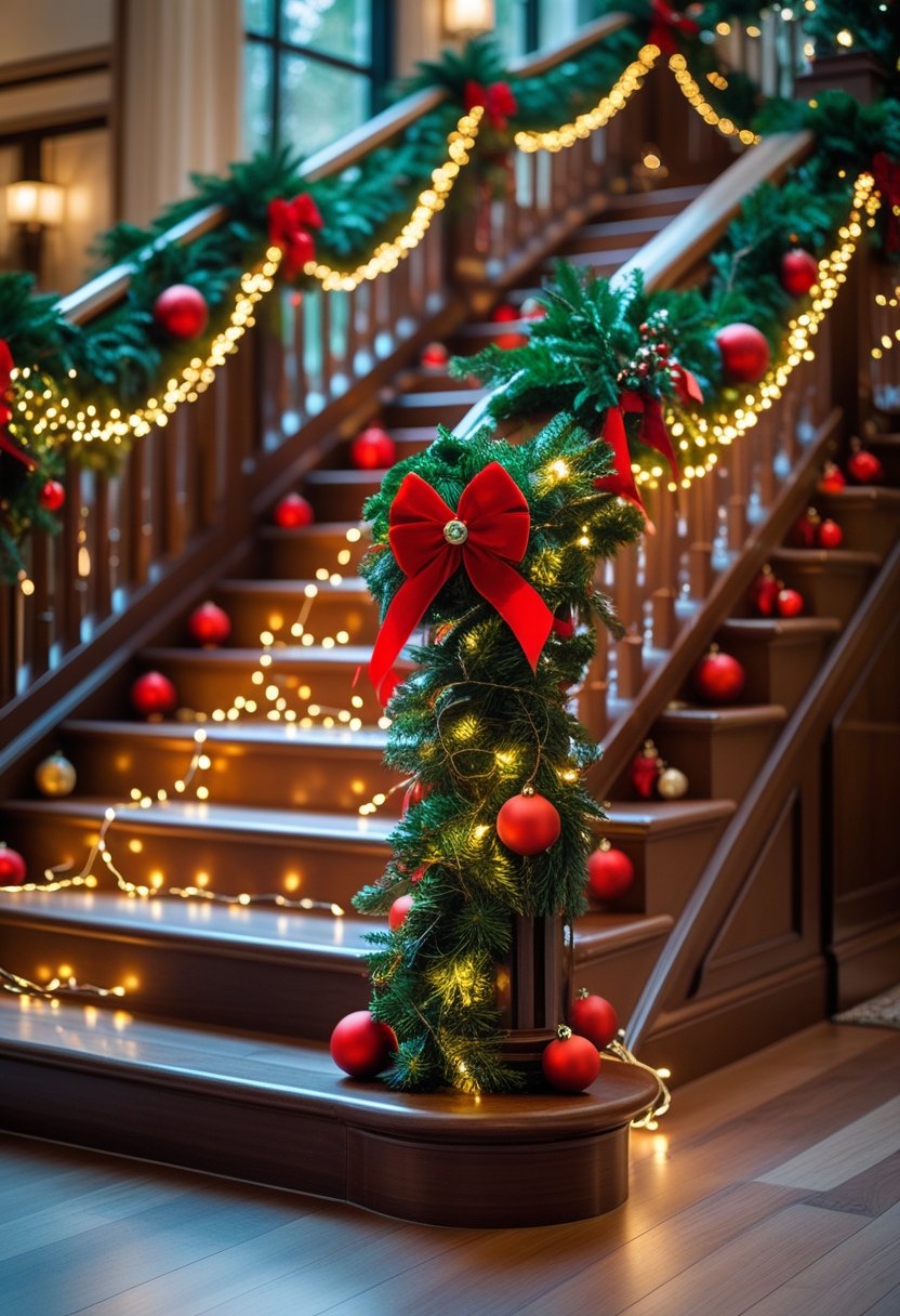 A beautifully decorated staircase with red and green Christmas garlands and warm white lights wrapped around the banister.