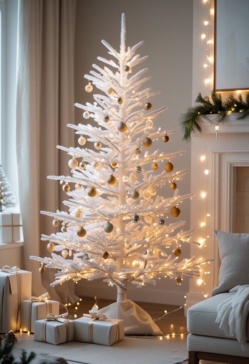 A white Christmas tree decorated with warm glowing fairy lights in a cozy indoor setting with wrapped presents underneath.