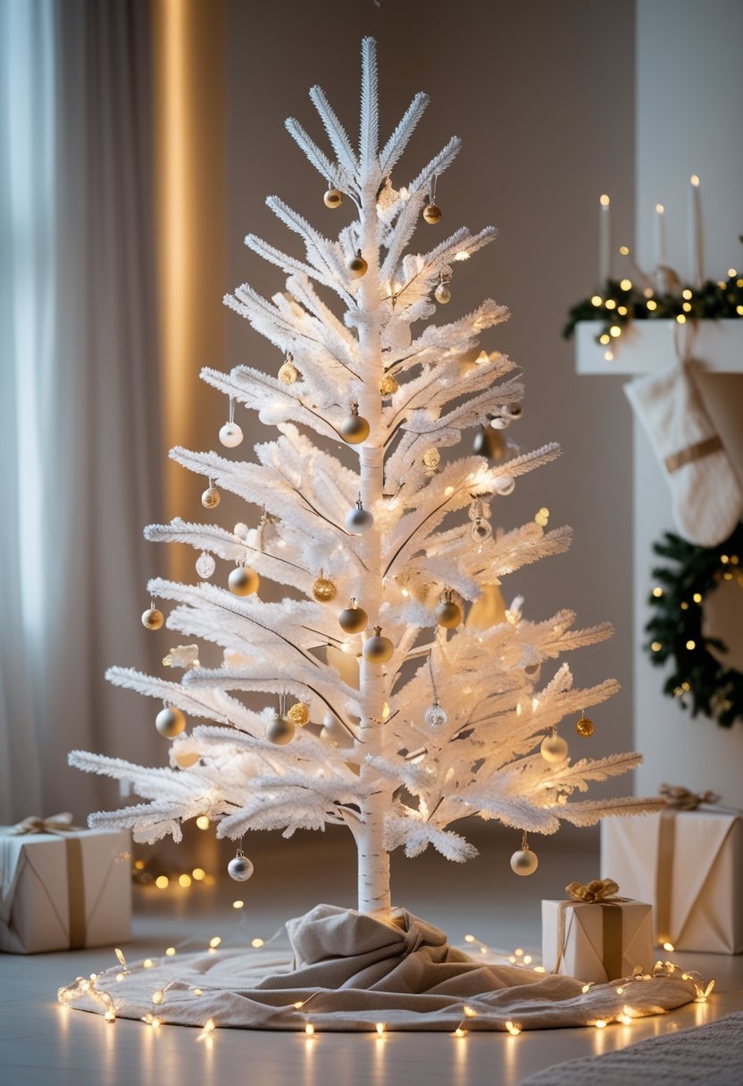 A white Christmas tree decorated with warm glowing fairy lights and minimalist ornaments, surrounded by wrapped gifts and holiday greenery.
