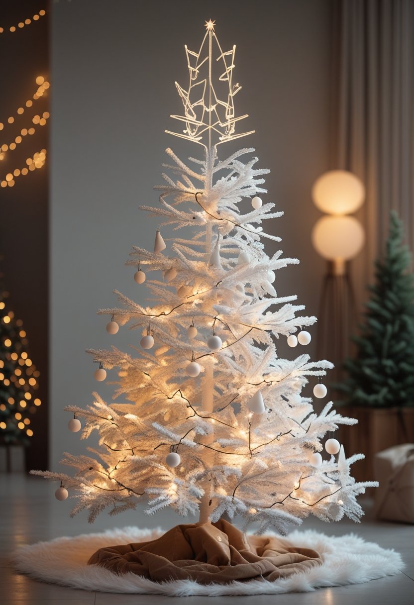 A white Christmas tree decorated with warm glowing fairy lights and bold Christmas tree toppers.
