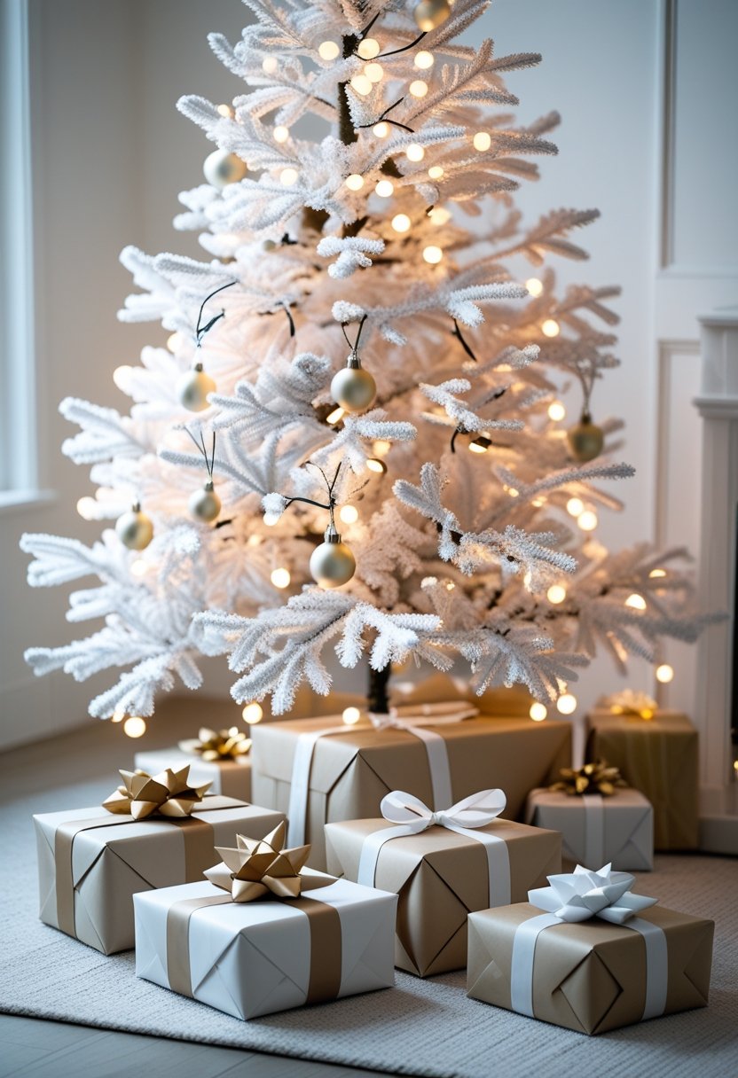 A white Christmas tree decorated with warm glowing fairy lights and neatly wrapped gifts underneath.
