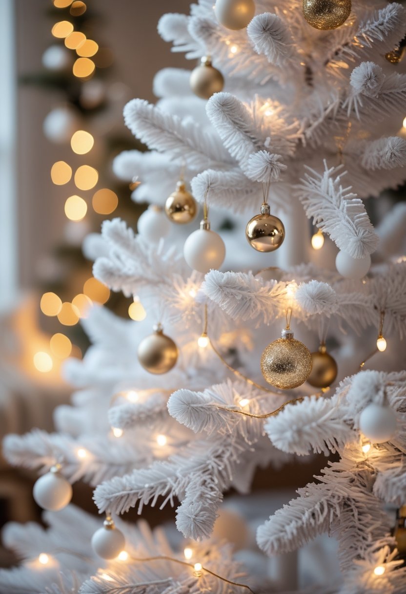 A white Christmas tree decorated with warm fairy lights and neutral-toned ornaments in a softly lit room.