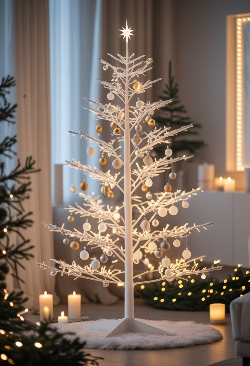 A white Christmas tree decorated with warm glowing fairy lights and minimalist ornaments indoors.