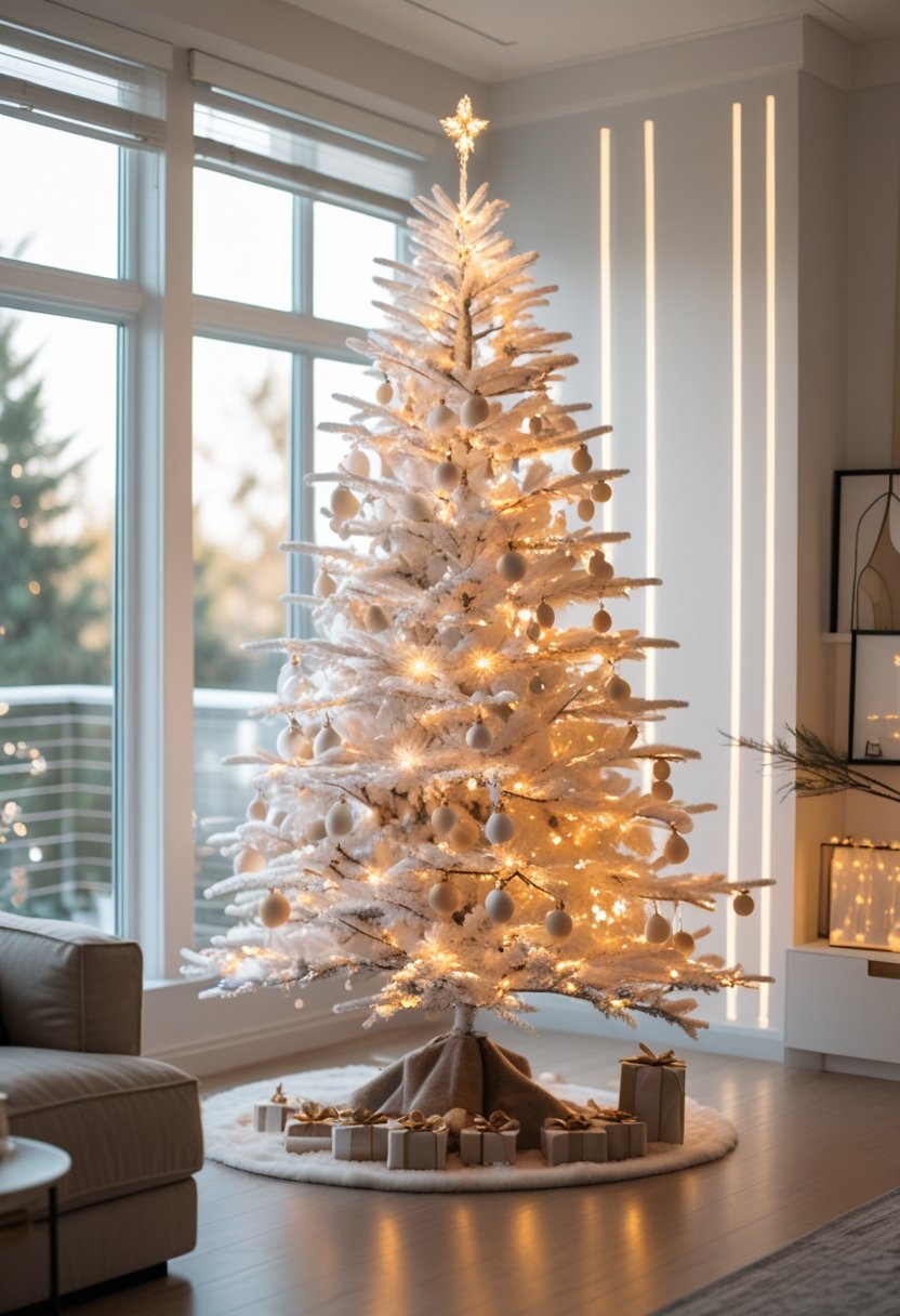 A white Christmas tree decorated with warm fairy lights in a bright room with natural sunlight.