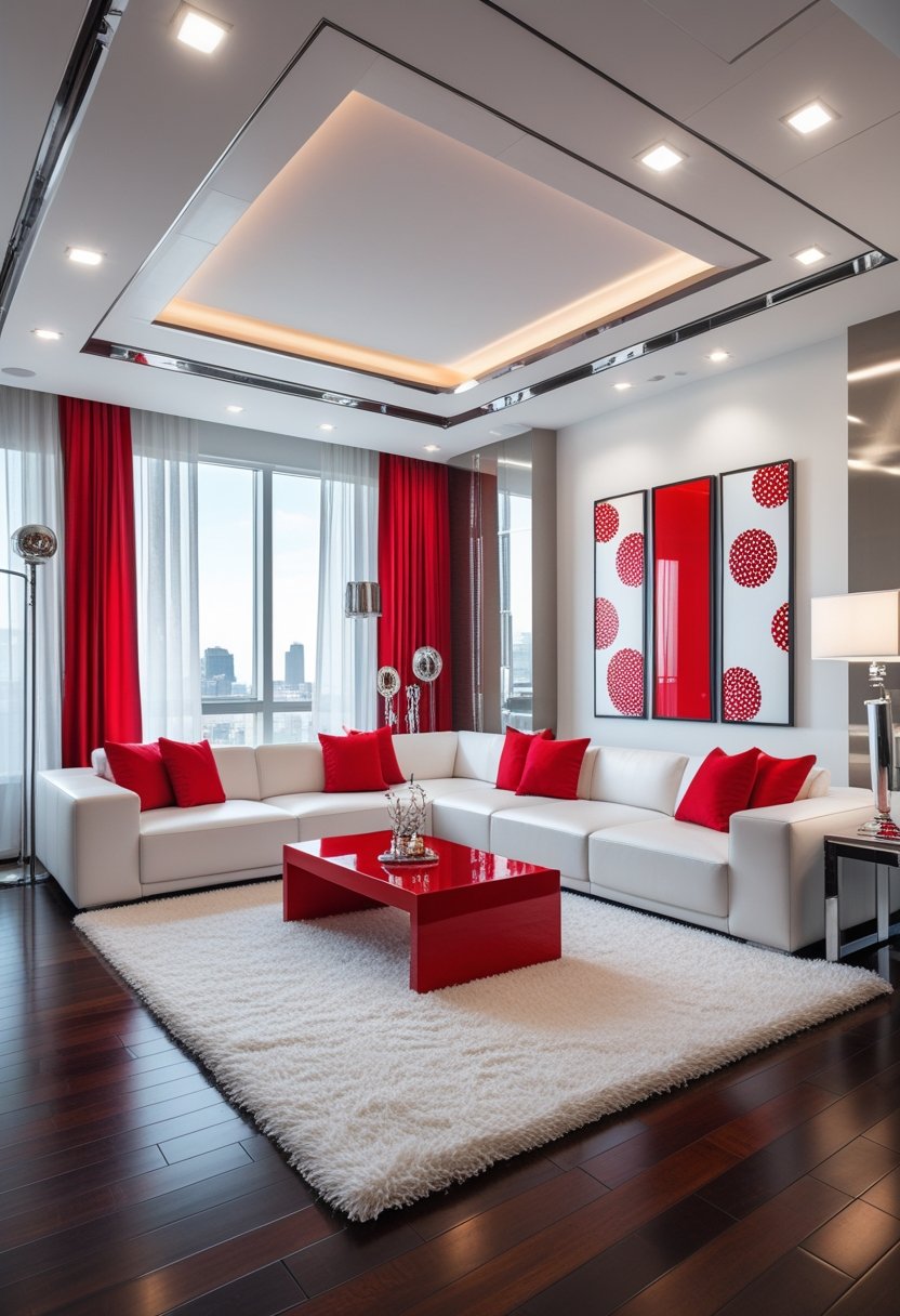 A living room with a white sofa, red pillows, a red coffee table, large windows, and modern decor.