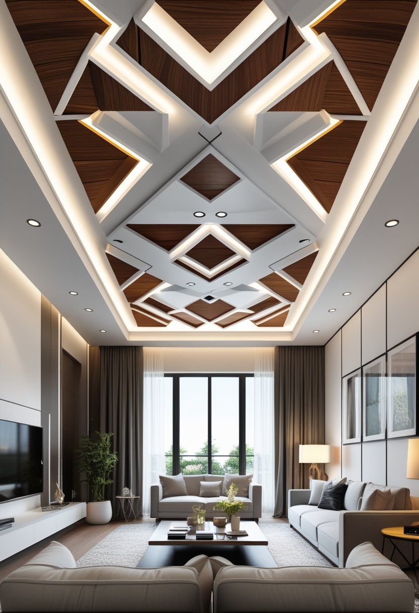 A bright living room with modern furniture and a uniquely designed ceiling featuring geometric patterns and recessed lighting.