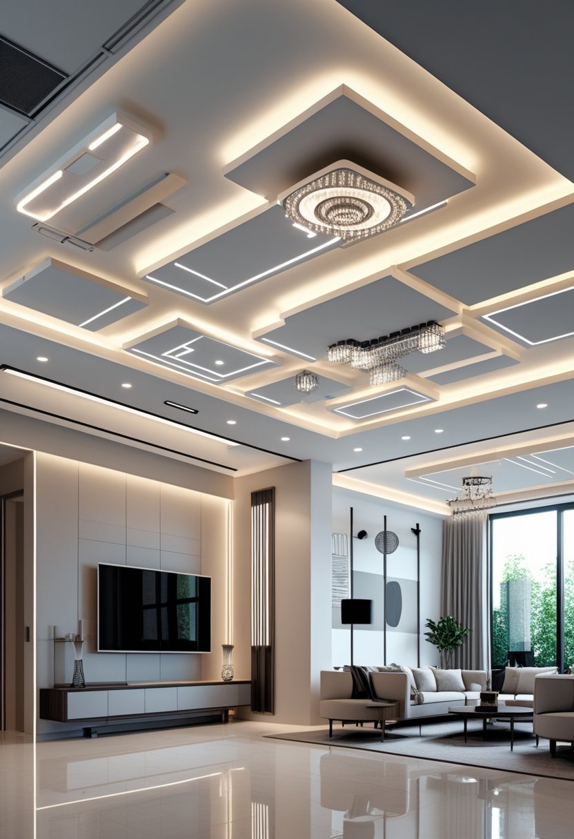 Interior room showing multiple unique ceiling designs with various lighting fixtures illuminating the space.