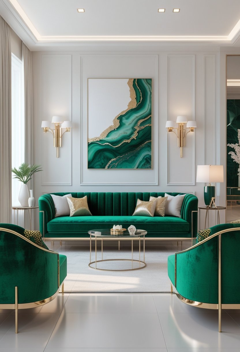 A modern living room with emerald green velvet sofas and gold accents, elegant wall art, and minimalist décor.