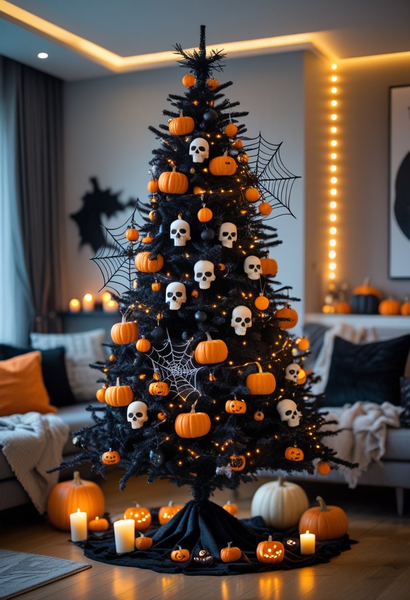 A black Christmas tree decorated with Halloween ornaments in a cozy living room.