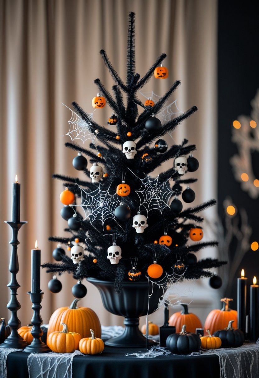 A black Christmas tree decorated with Halloween ornaments including skulls, spider webs, bats, and pumpkins on a table with candles and flowers.