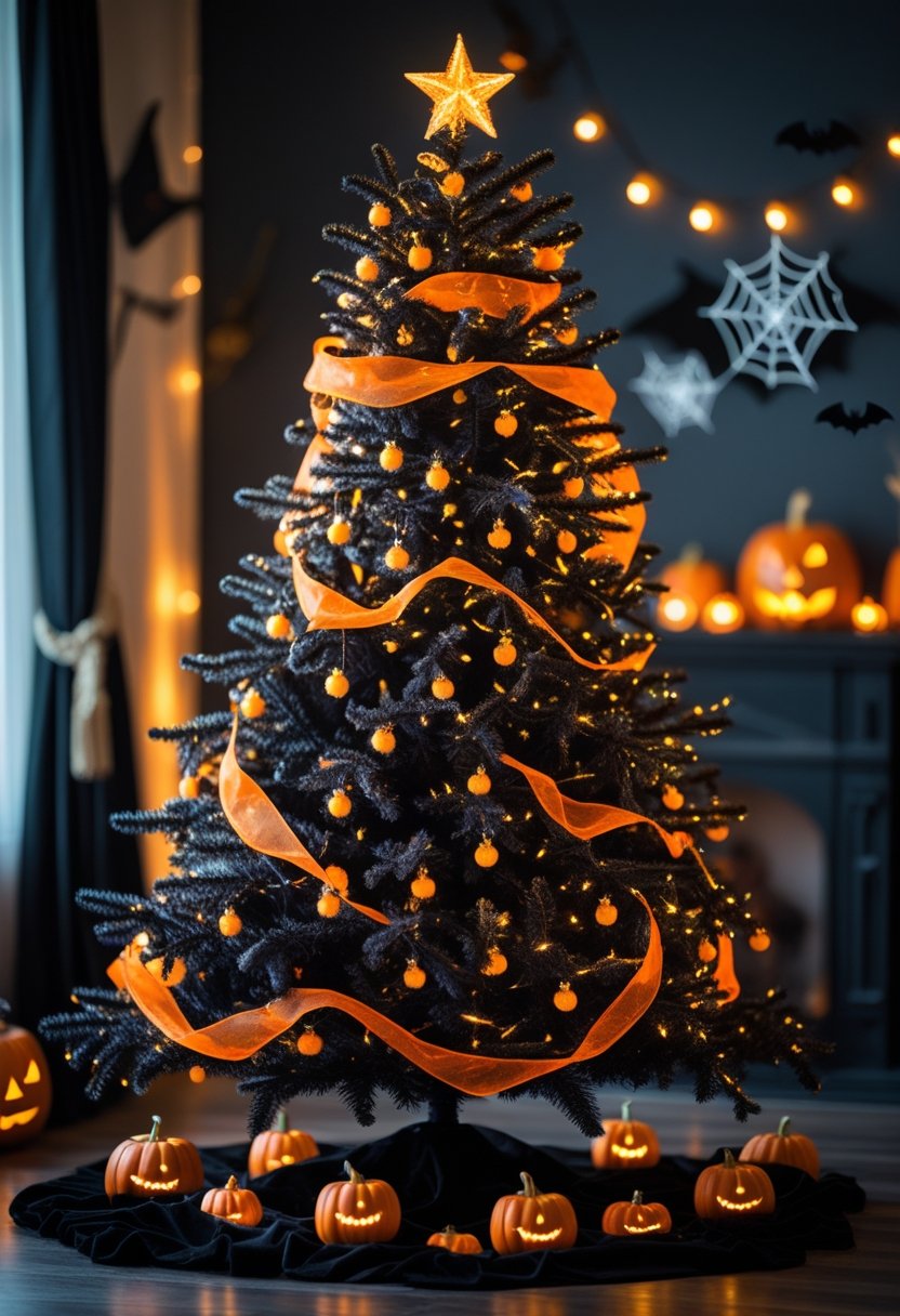 A black Christmas tree decorated with glowing lights and Halloween-themed ornaments, including ribbons and small pumpkins.
