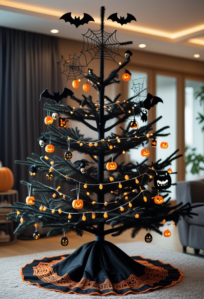 A black Christmas tree decorated with Halloween-themed toppers, glowing orange lights, and a black and orange tree skirt in a cozy living room.