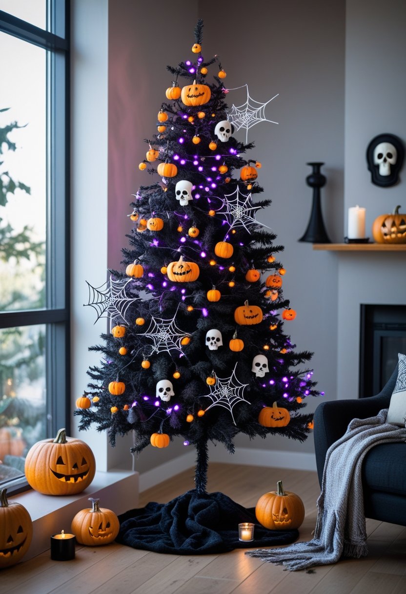 A black Christmas tree decorated with Halloween ornaments including pumpkins, spider decorations, and fairy lights in a living room.