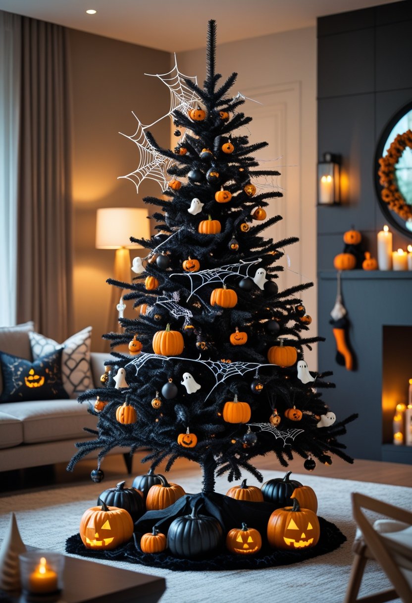 A black Christmas tree decorated with Halloween ornaments in a modern living room with warm lighting and Halloween accents.