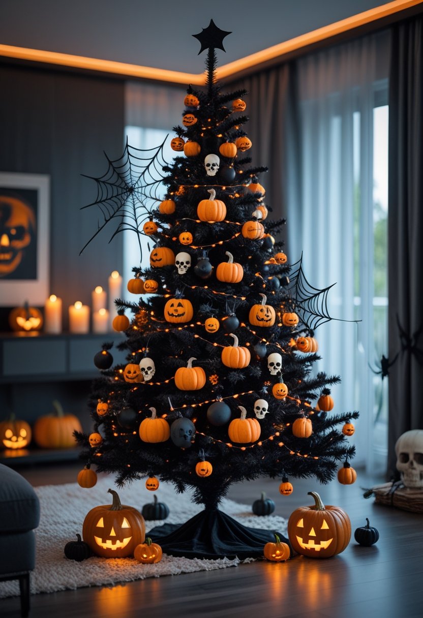 A black Christmas tree decorated with Halloween ornaments and lights in a living room with pumpkins and candles.