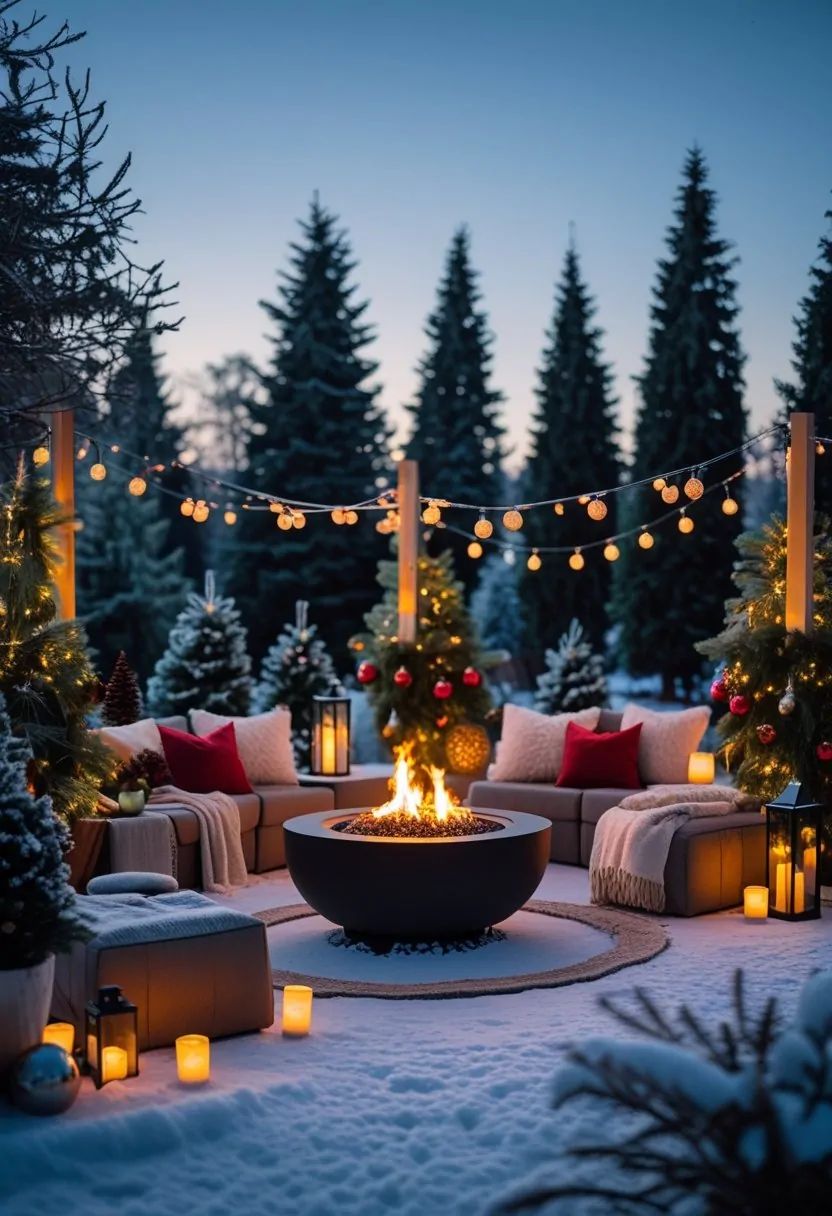 Outdoor winter patio with a fire pit surrounded by seating, holiday decorations, and snow-covered trees.