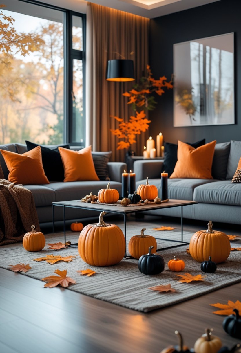 A modern living room decorated with pumpkins, candles, and autumn leaves for Halloween.