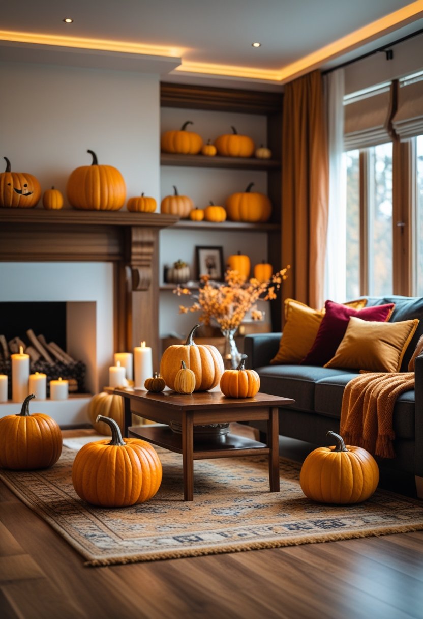 A cozy living room decorated with pumpkins and autumn-themed accents for Halloween.