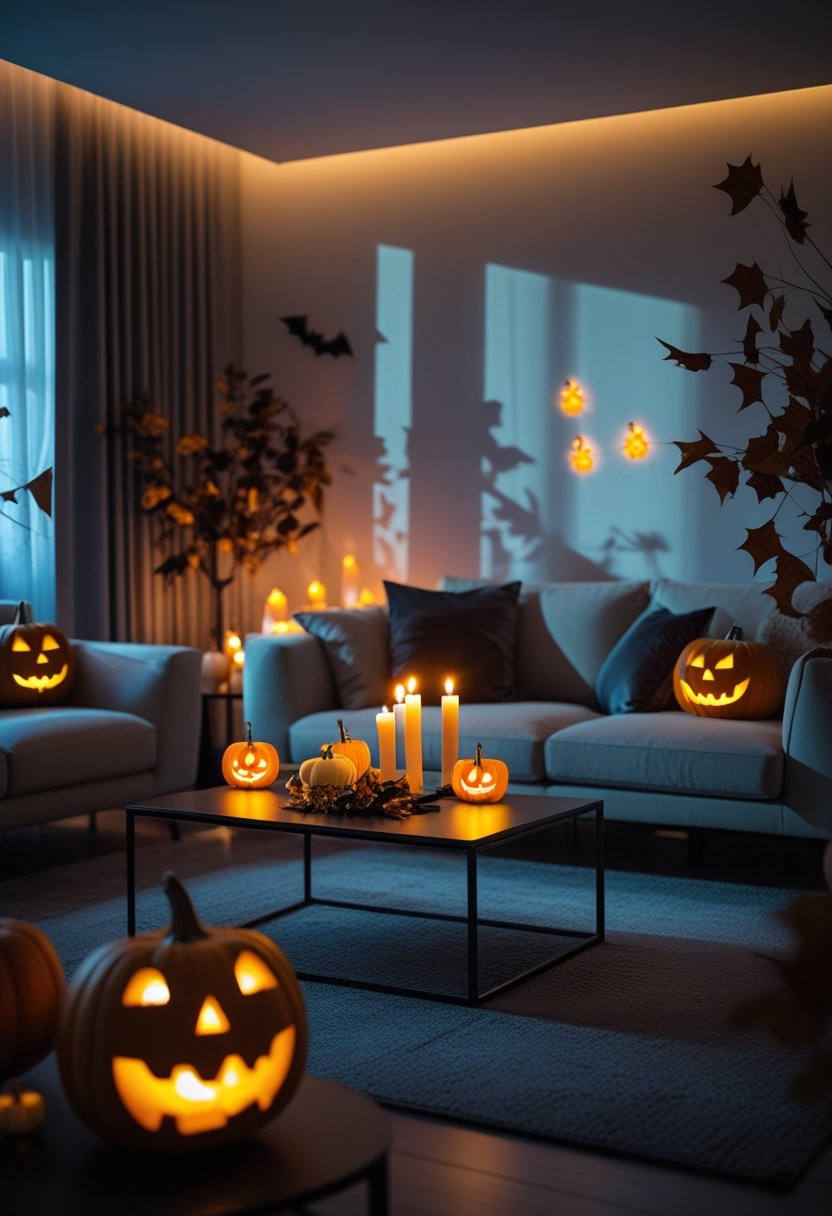 A modern living room decorated with glowing carved pumpkins and candles creating a warm, spooky atmosphere.