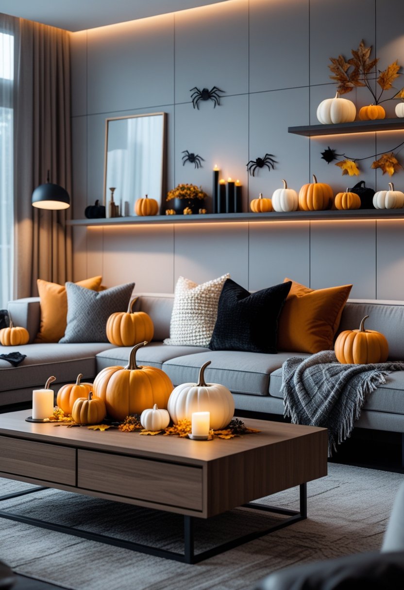 A living room decorated with pumpkins, candles, and autumn leaves for Halloween, featuring a sofa, coffee table, and large windows.