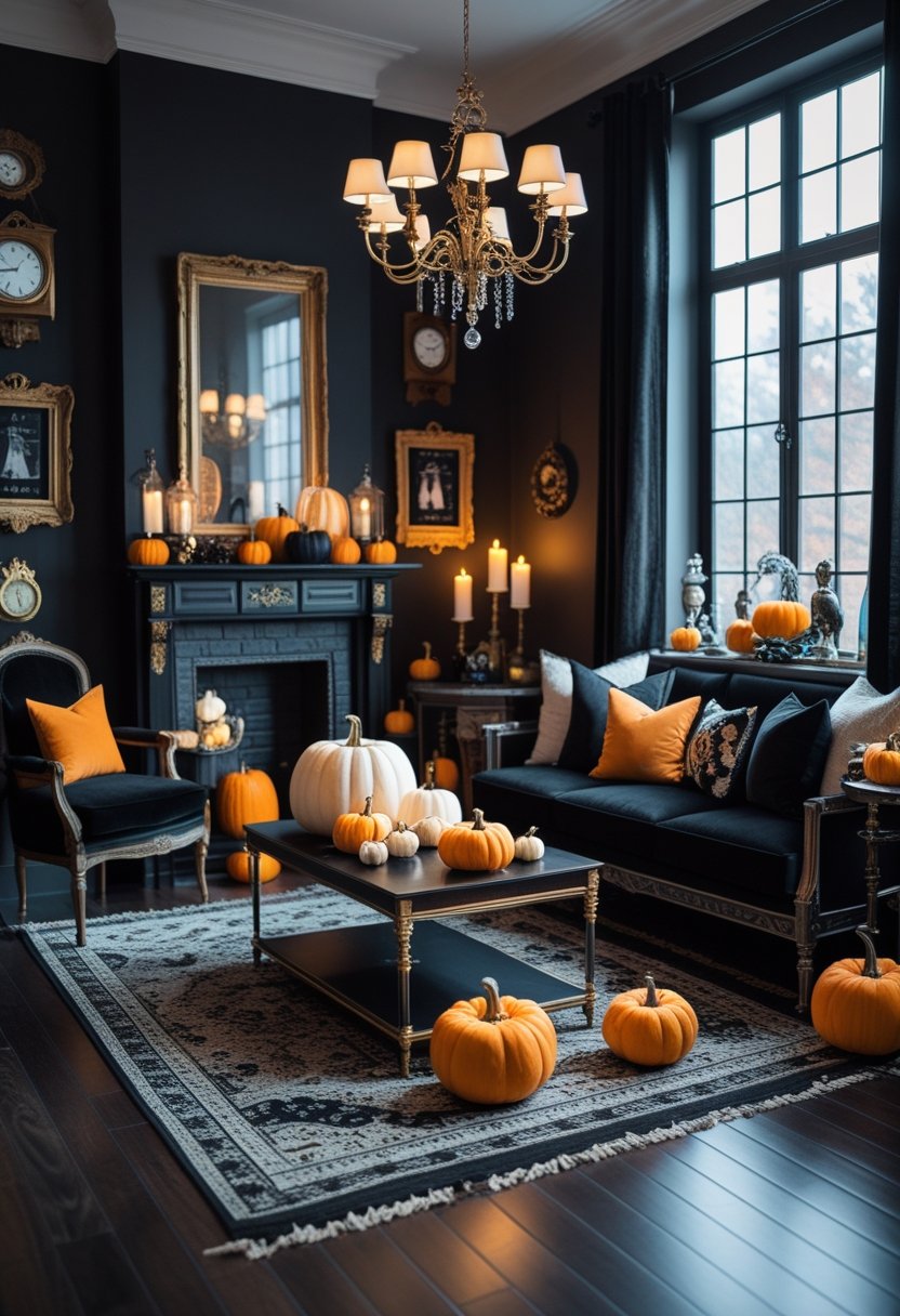 A living room decorated for Halloween with pumpkins, candles, dark furniture, and warm lighting.