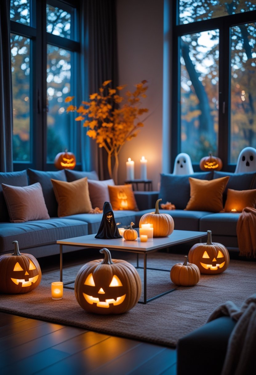 A living room decorated with pumpkins and Halloween accents, featuring a sofa, coffee table, and warm lighting.