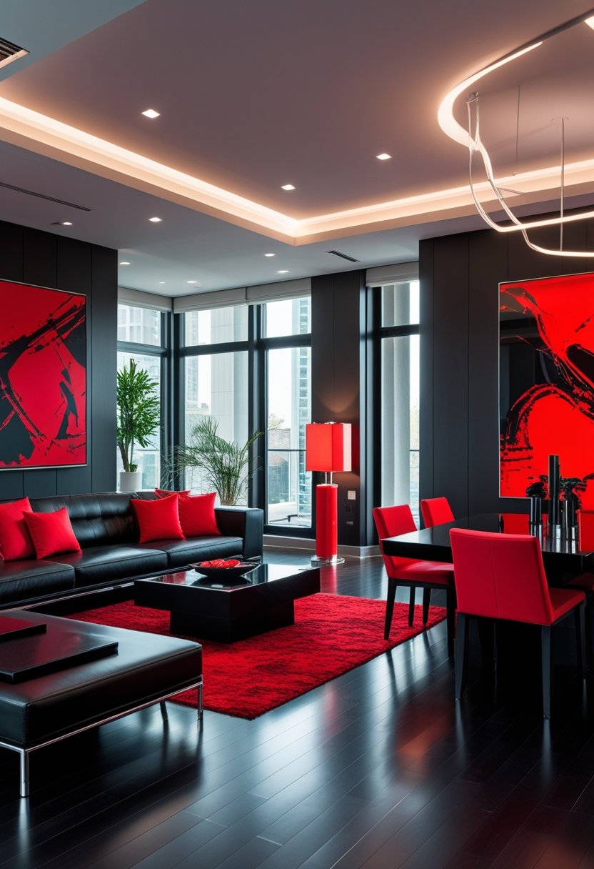 Luxury Red & Black Living Room + Dining Design