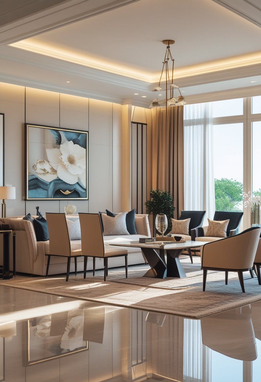 A spacious living and dining room with elegant upholstered furniture, a dining table with chairs, and large windows letting in natural light.