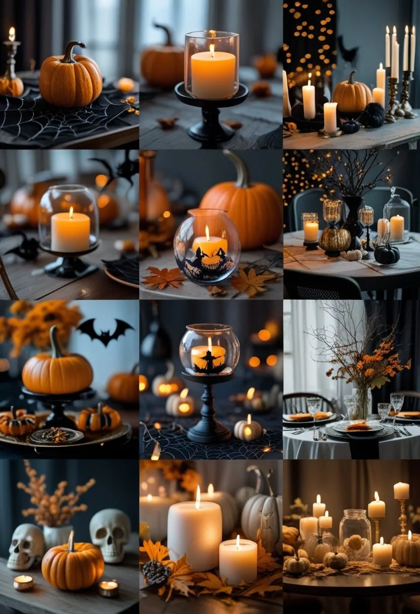 A collage of over 40 Halloween-themed table centerpieces featuring pumpkins, candles, spider webs, skulls, and autumn decorations arranged on different tables.