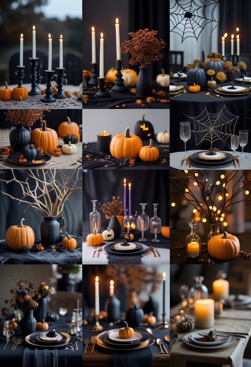 A festive Halloween table setting with multiple spooky centerpiece decorations including candles, pumpkins, dried flowers, and branches arranged on dark-colored tablecloths.
