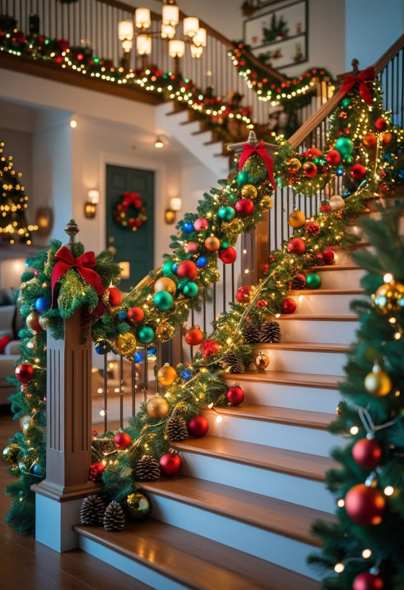 Colorful Christmas Staircase Decor