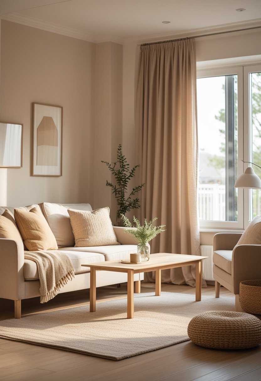 A bright living room with a sofa, wooden coffee table, and a vase of greenery near a large window with natural light.