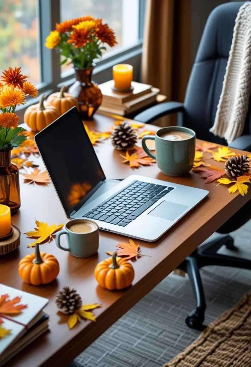 A cozy office workspace decorated with pumpkins, fall leaves, flowers, a laptop, and a cup of coffee.