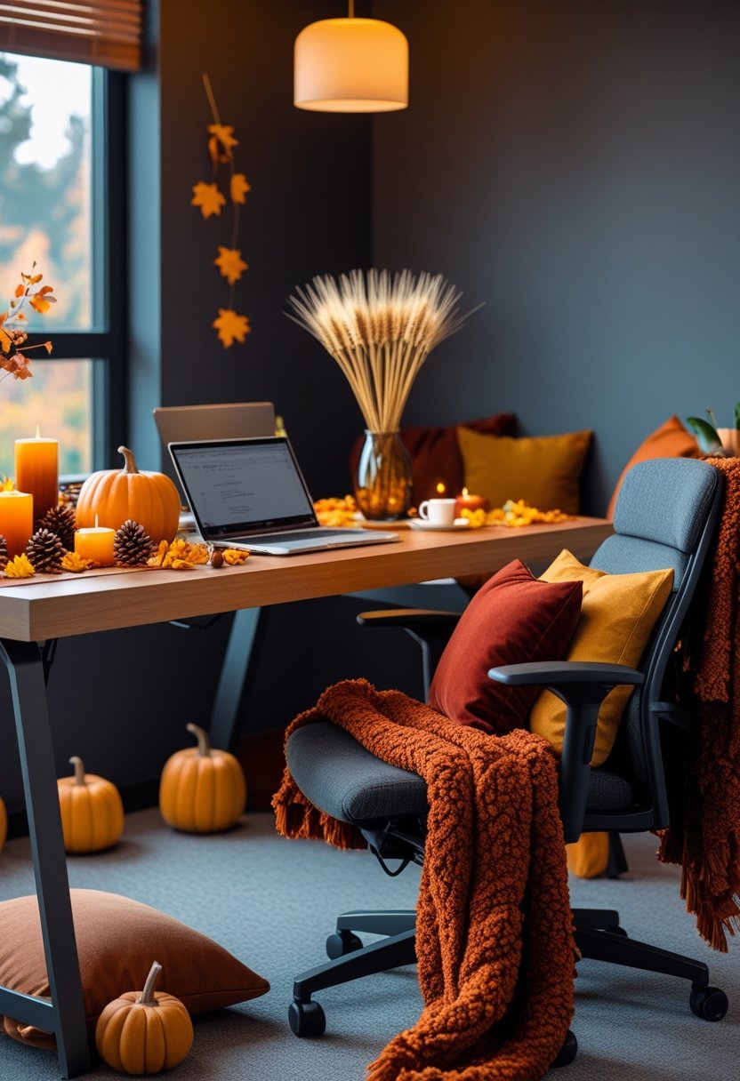 A modern office desk decorated with pumpkins, candles, dried wheat, and warm-colored cushions, bathed in natural light.