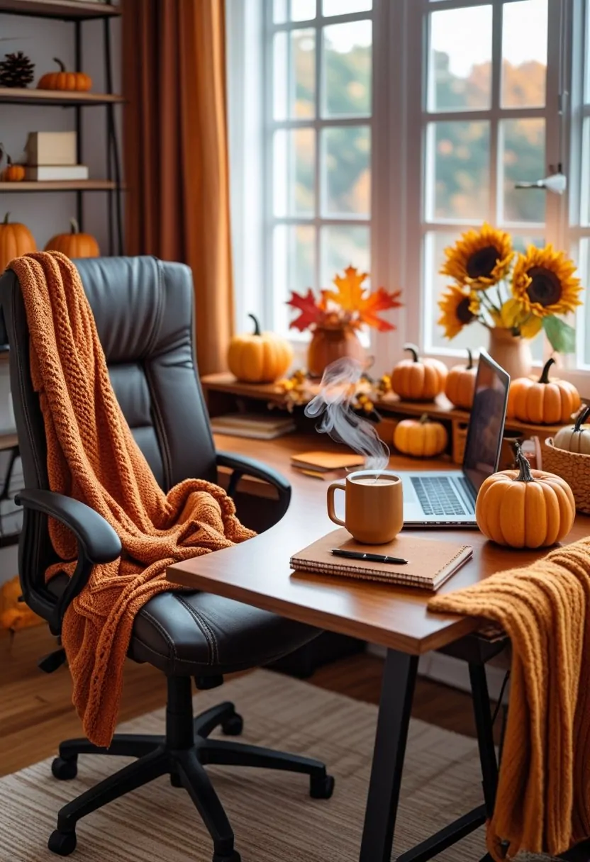 A cozy office desk decorated with pumpkins, dried leaves, a laptop, a mug, and fall flowers near a window with natural light.