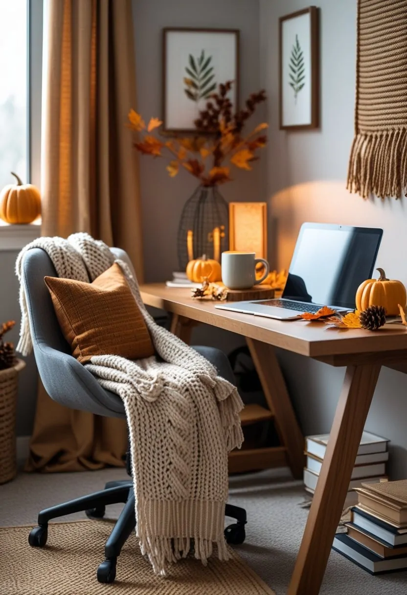 An office workspace decorated with cozy fall textiles, small pumpkins, dried leaves, and warm lighting.
