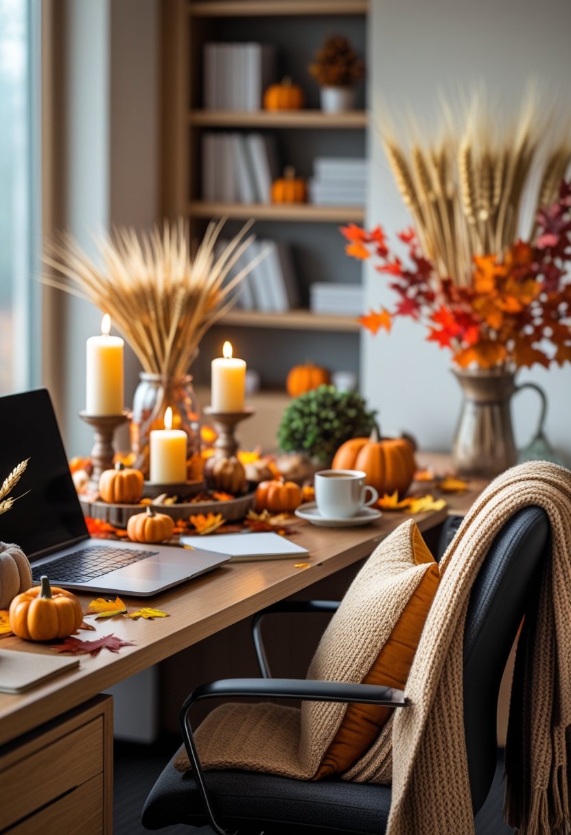 A cozy office workspace decorated with pumpkins, autumn leaves, candles, and a warm drink on the desk, illuminated by soft warm lighting.