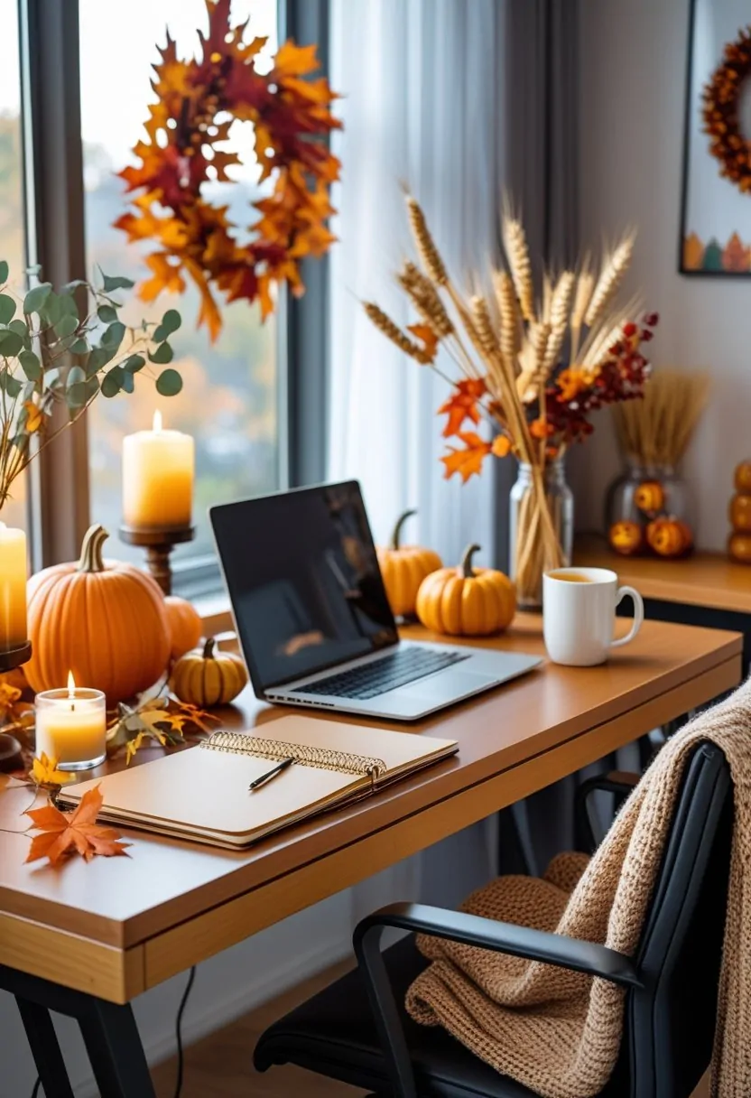 A cozy office desk decorated with pumpkins, autumn leaves, candles, and a vase with dried plants, bathed in warm natural light.