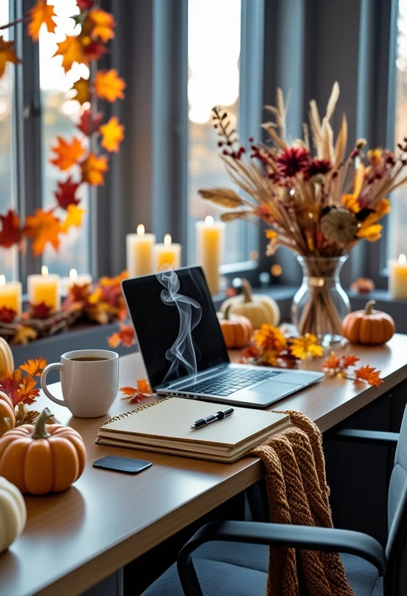 A workspace with a desk decorated with pumpkins, fall leaves, a laptop, a mug, and dried flowers, lit by natural light from a window.