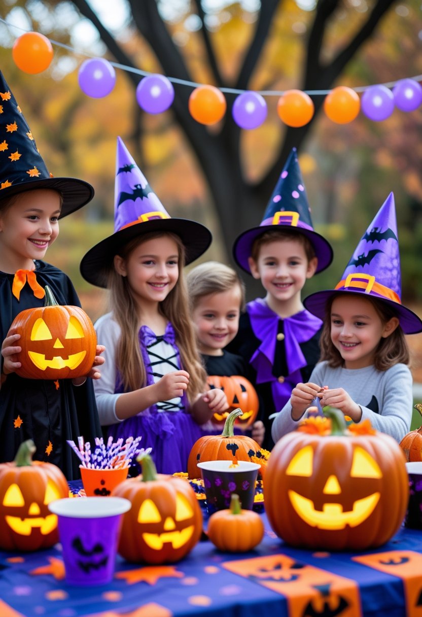Children in Halloween costumes enjoying a birthday party outdoors with pumpkins, decorations, and festive treats.