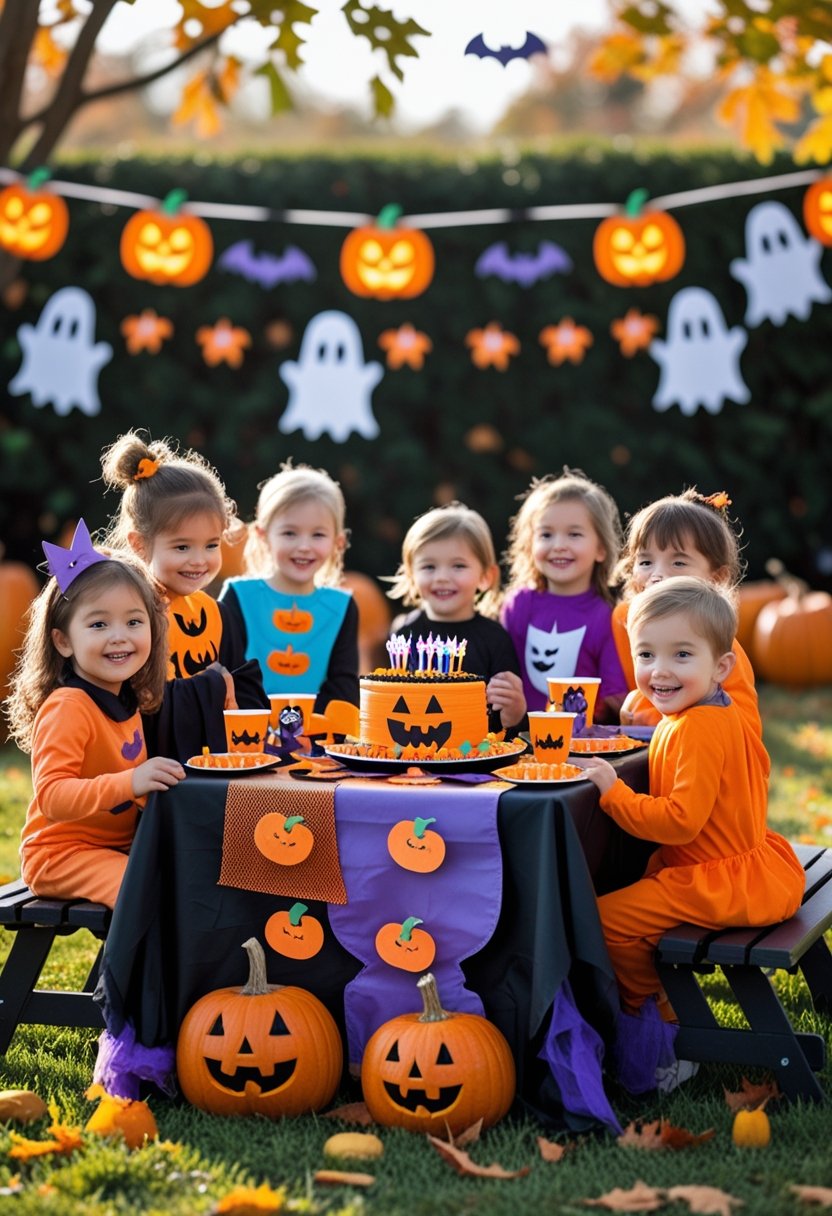 Children in Halloween costumes celebrating a birthday party outdoors with decorated table, pumpkin cake, and festive decorations.