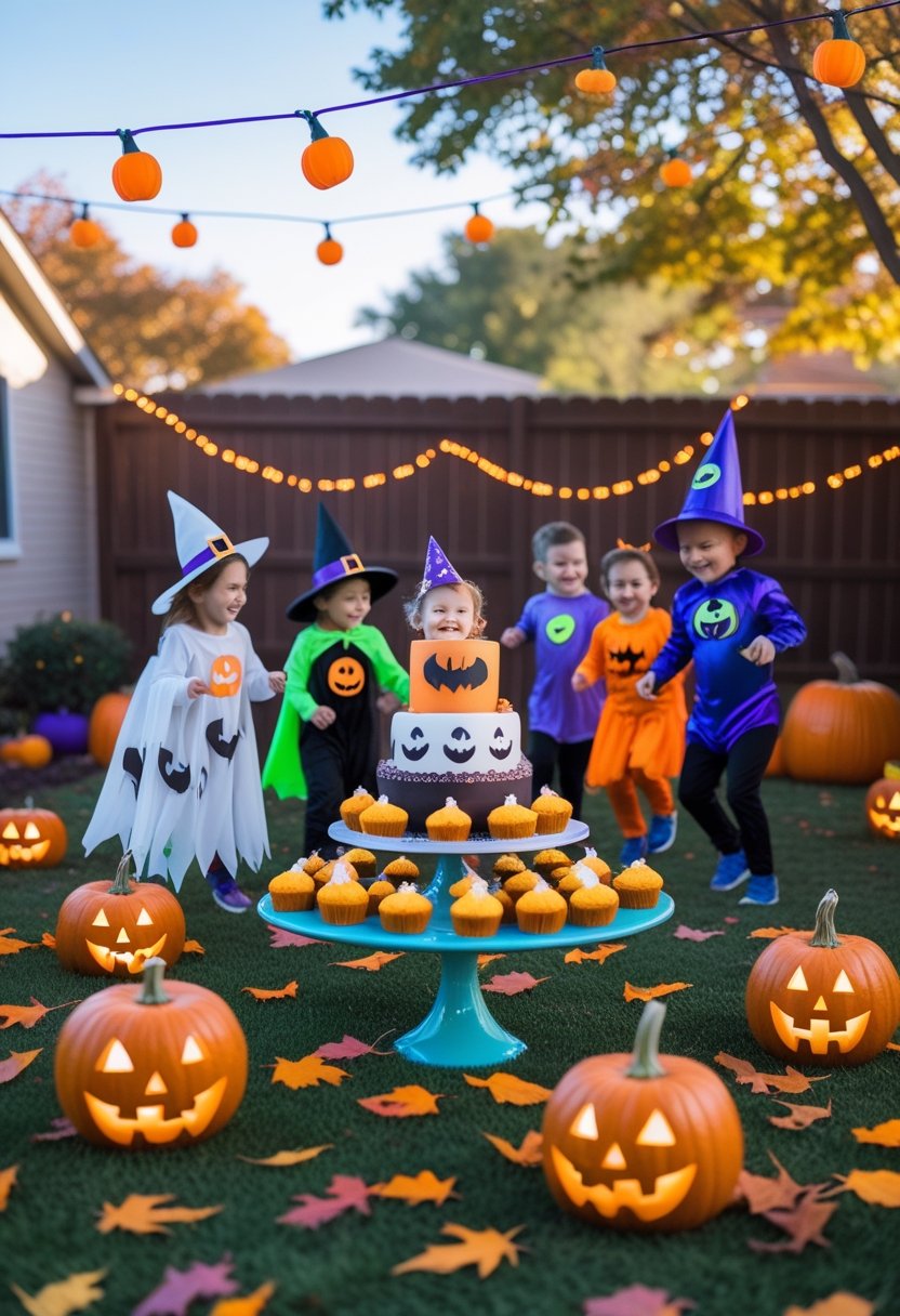 Children in Halloween costumes celebrating a birthday party outdoors with pumpkins, decorations, and festive treats.