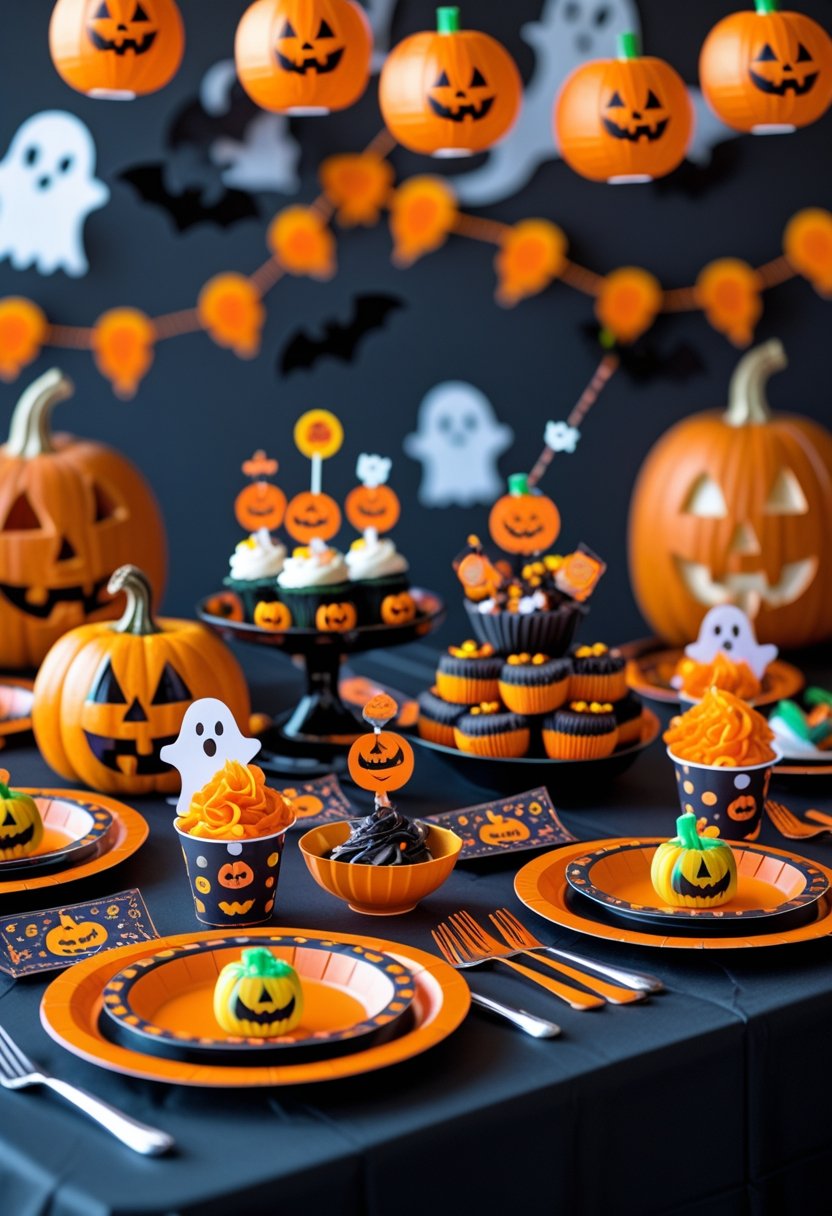 A Halloween-themed birthday party table decorated with pumpkins, Halloween-themed plates, treats, and festive decorations.