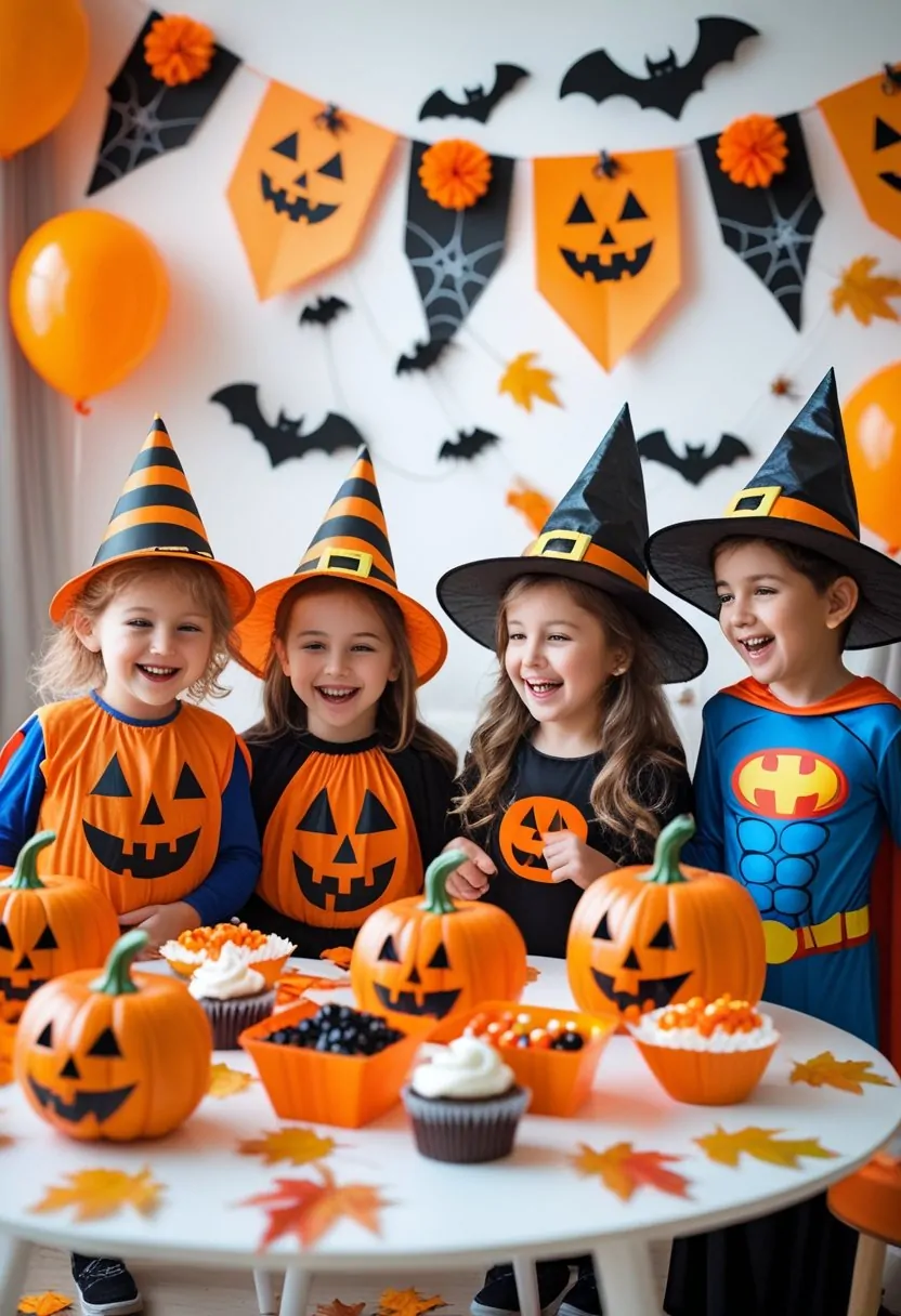 Children in Halloween costumes enjoying a birthday party with pumpkins and festive decorations.
