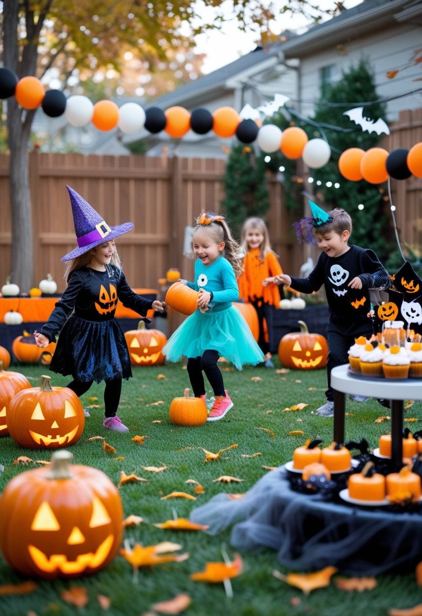 Children in Halloween costumes playing birthday party games outdoors surrounded by pumpkins and festive decorations.