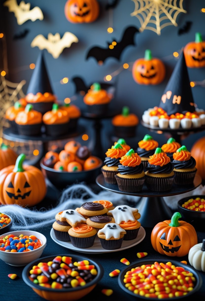 A table filled with Halloween-themed treats and snacks including pumpkin cupcakes, ghost cookies, candy corn, and colorful candies, decorated with small pumpkins and Halloween decorations.