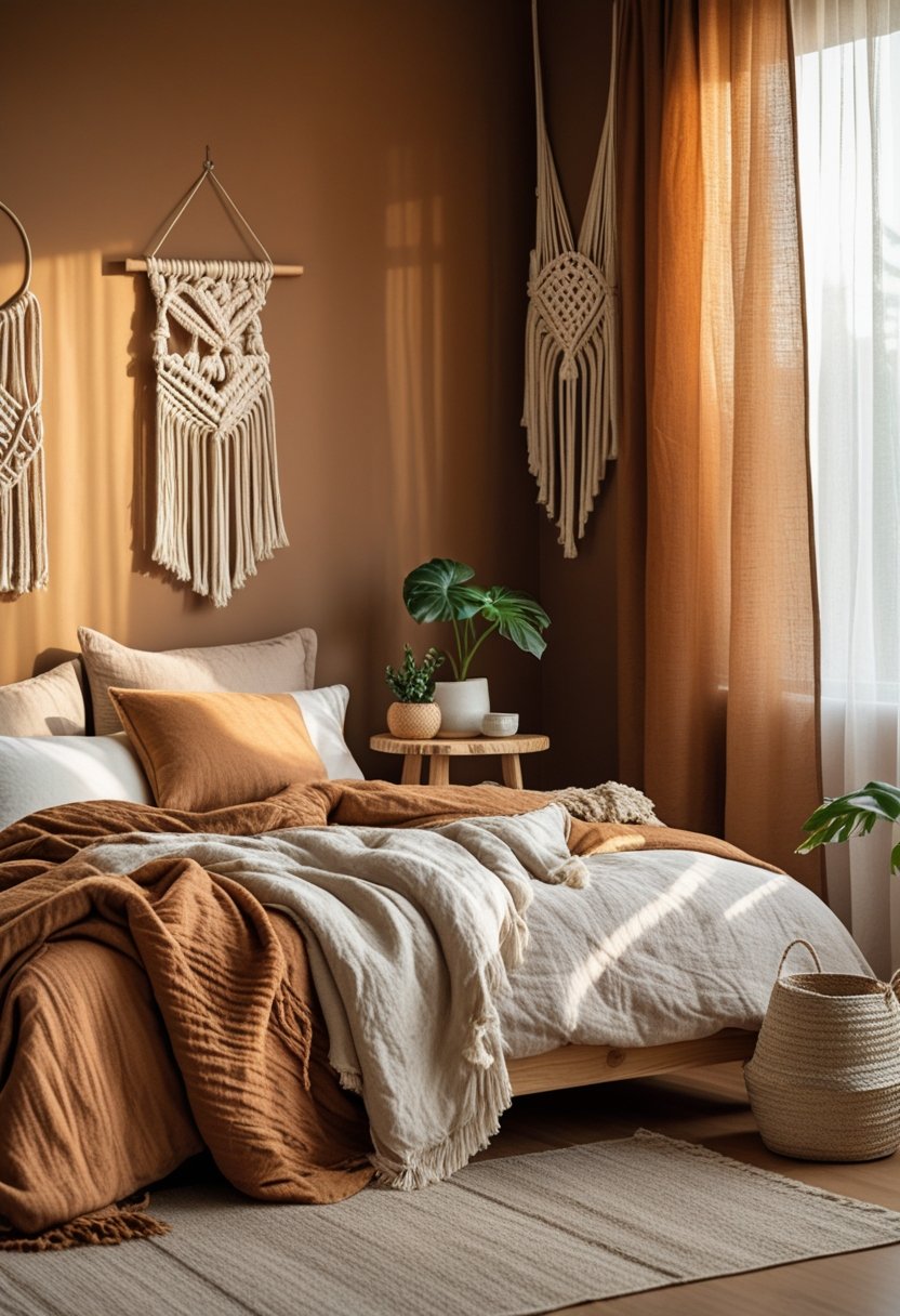 A cozy bedroom with a bed covered in textured pillows and blankets, wooden furniture, a potted plant, and soft natural light coming through sheer curtains.