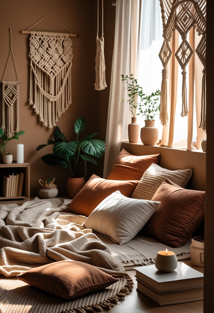 A cozy bedroom with a low bed, layered blankets and pillows, wooden furniture, plants, and soft natural lighting.