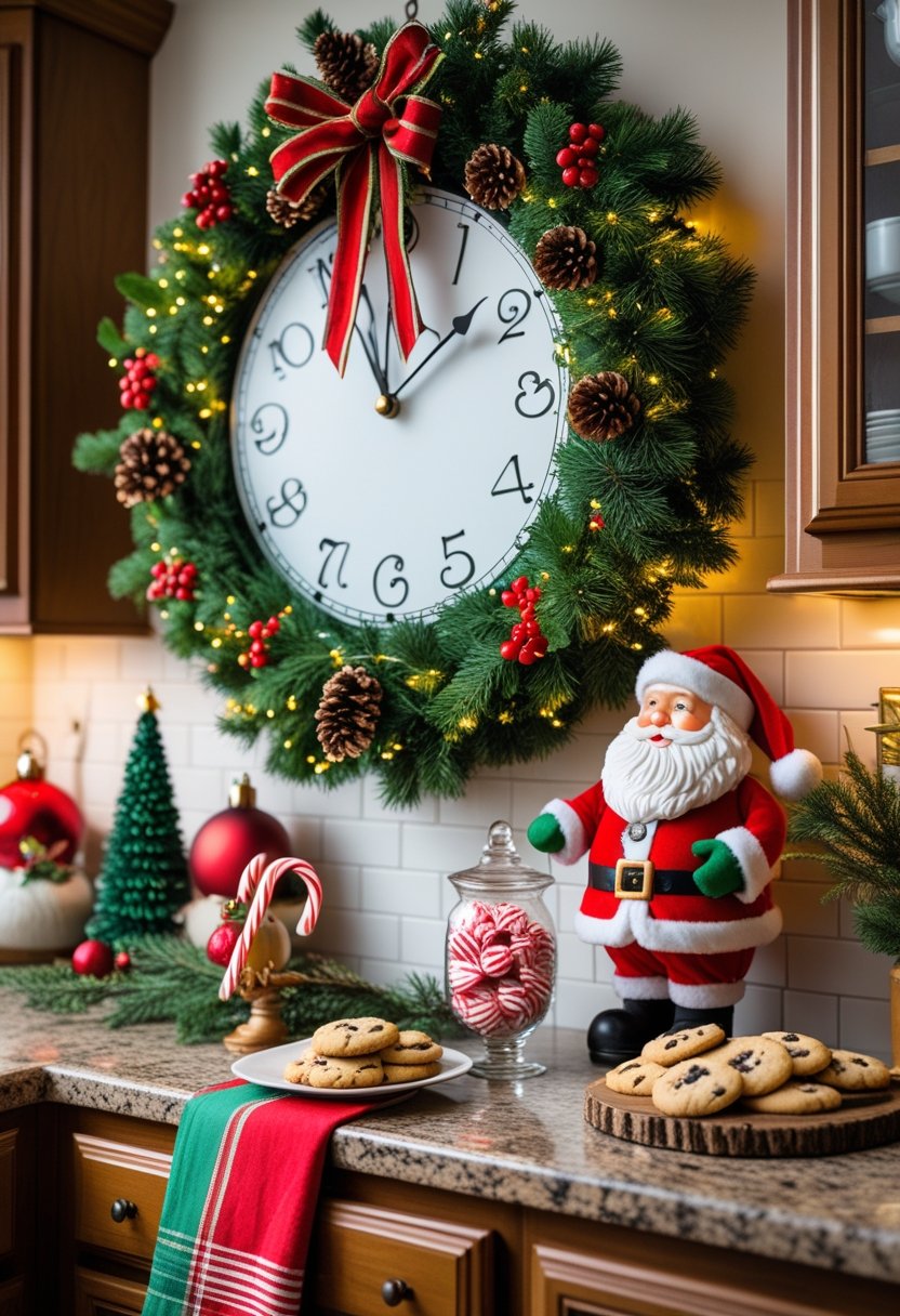A kitchen decorated for Christmas with a large wreath clock on the wall and a Santa figurine on the countertop surrounded by holiday decorations.
